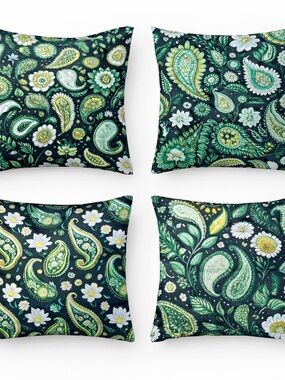 Boho Green Floral Pillow Covers Set of 4 18x18 Paisley Cushion Decor